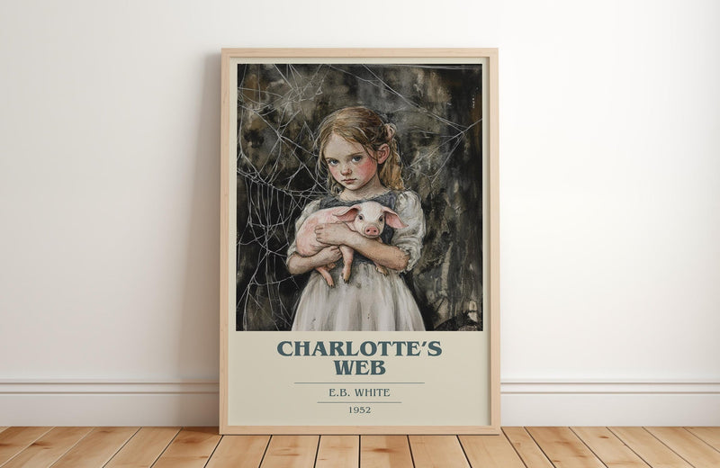 Charlotte's Web book cover print in frame leaning in hallway – childrens wall art
