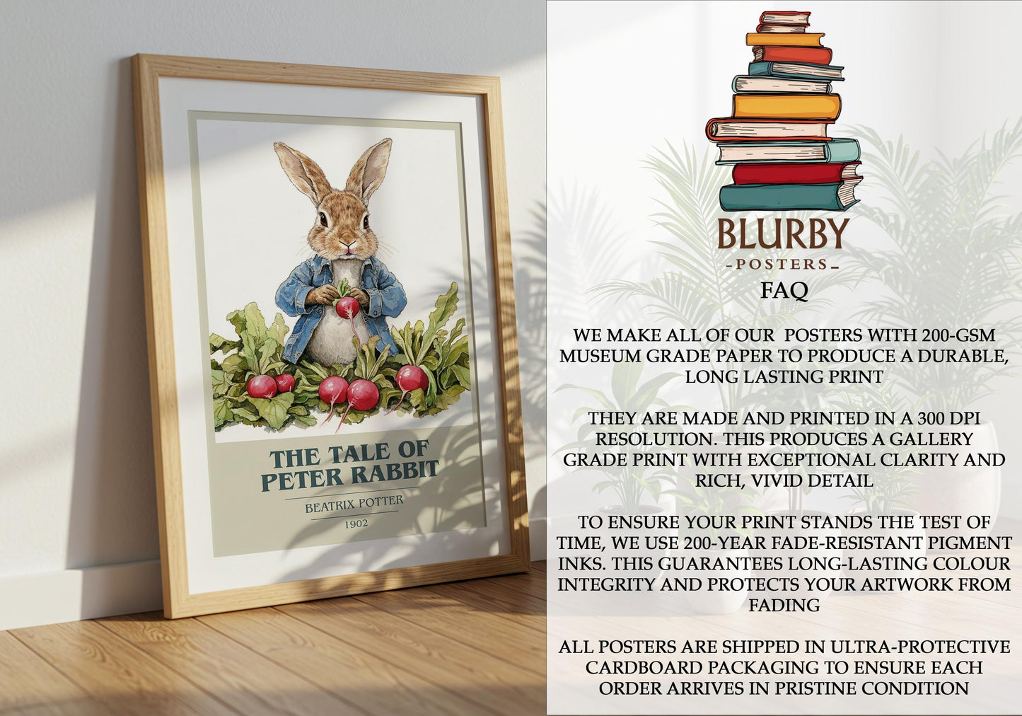 The Tale Of Peter Rabbit by Beatrix Potter Descriptive Poster Print. Free Delivery Wall Art Author & Blurb Book Artwork Novel