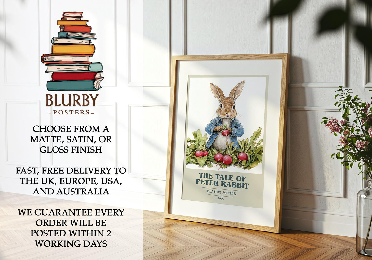 The Tale Of Peter Rabbit by Beatrix Potter Descriptive Poster Print. Free Delivery Wall Art Author & Blurb Book Artwork Novel