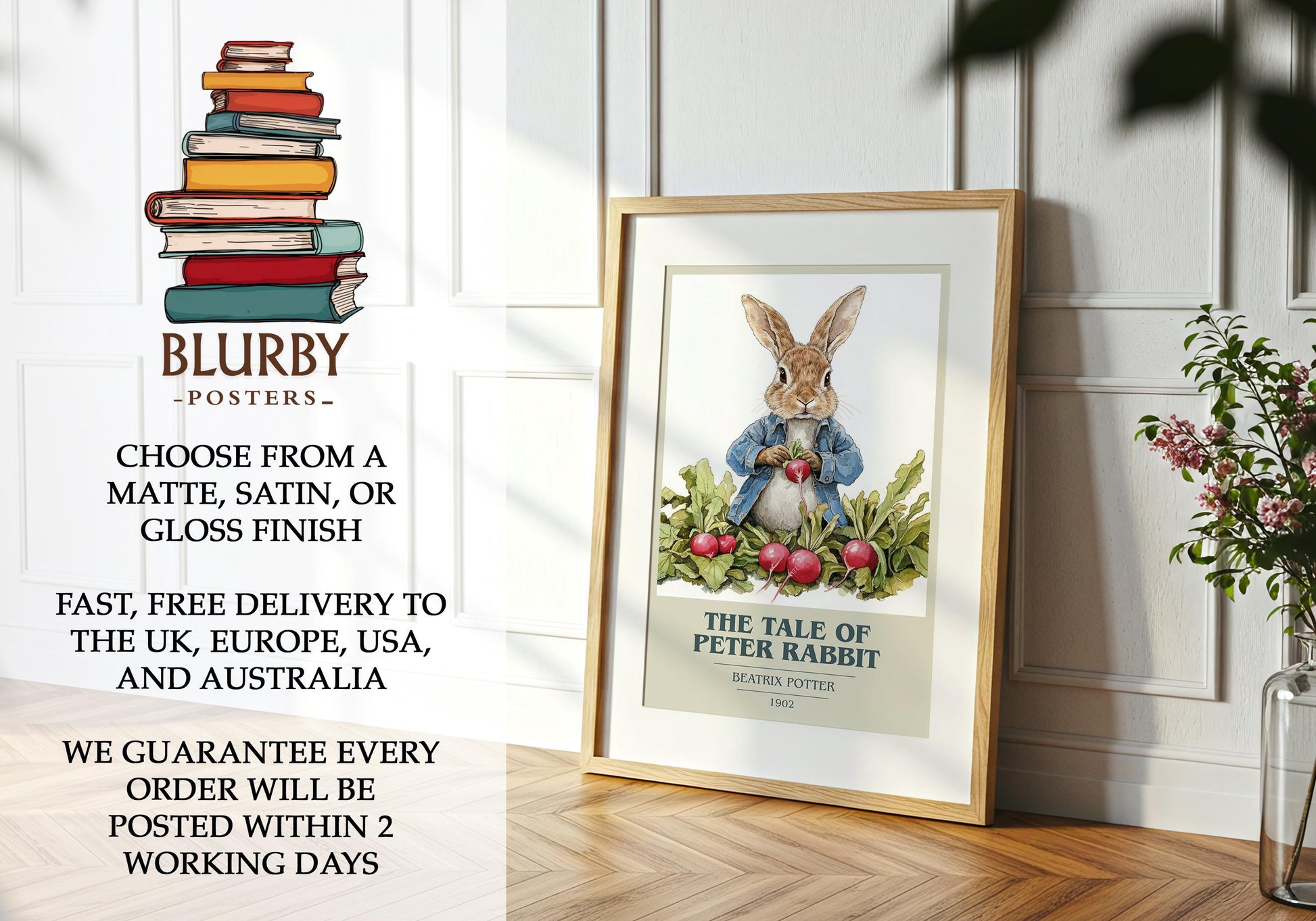 The Tale Of Peter Rabbit by Beatrix Potter Descriptive Poster Print. Free Delivery Wall Art Author & Blurb Book Artwork Novel
