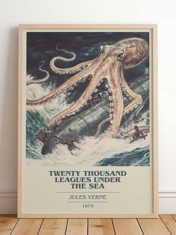 Twenty Thousand Leagues Under the Sea book cover print in frame leaning in hallway – adventure wall art