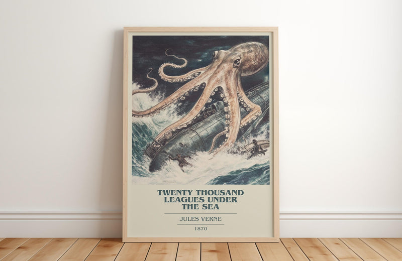 Twenty Thousand Leagues Under the Sea book cover print in frame leaning in hallway – adventure wall art