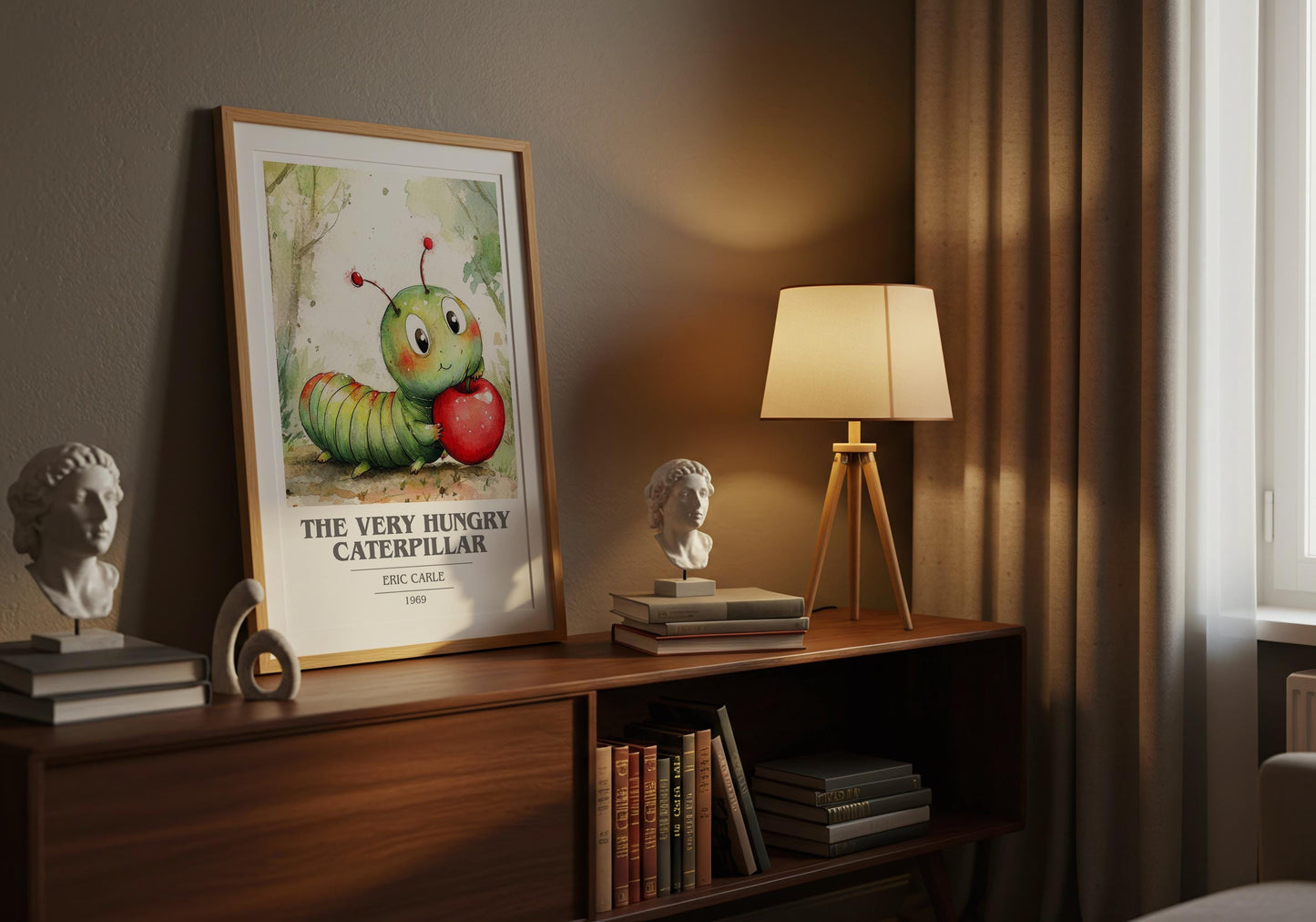 The Very Hungry Caterpillar by Eric Carle Descriptive Poster Print. Free Delivery Wall Art Author & Blurb Book Artwork Novel