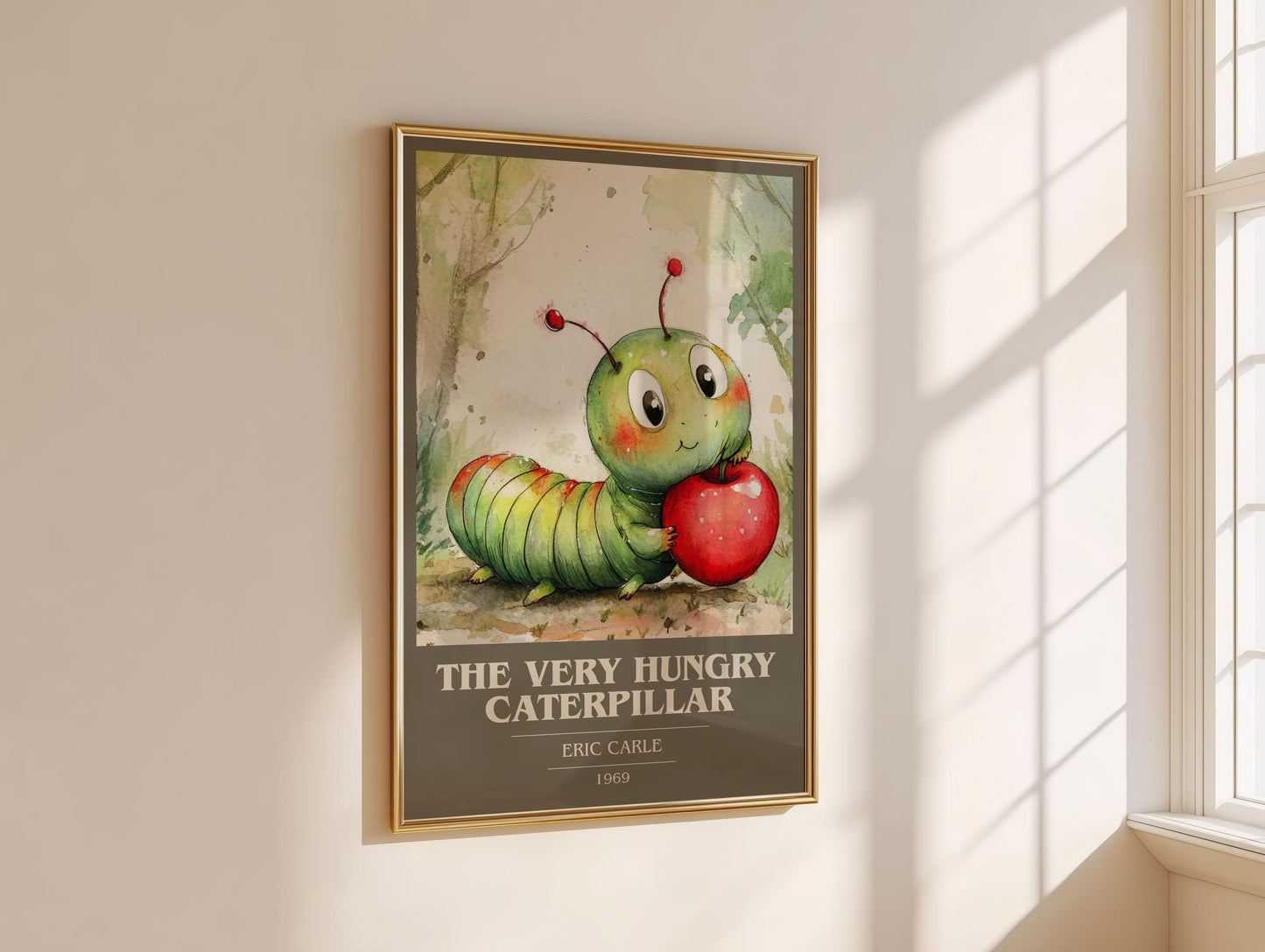 The Very Hungry Caterpillar by Eric Carle Descriptive Poster Print. Free Delivery Wall Art Author & Blurb Book Artwork Novel