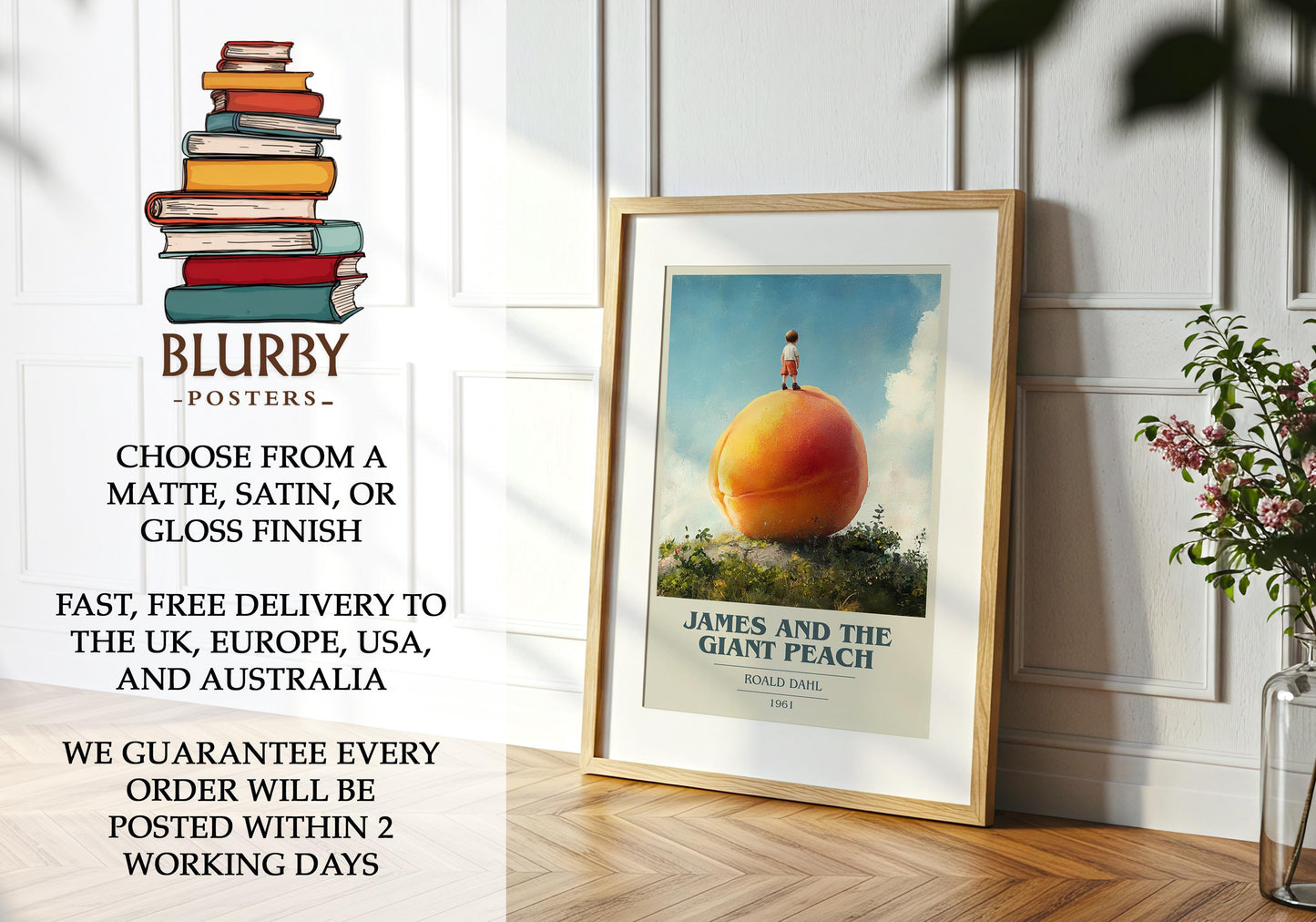 James and the Giant Peach by Roald Dahl Descriptive Poster Print. Free Delivery Wall Art Author & Blurb Book Artwork Novel