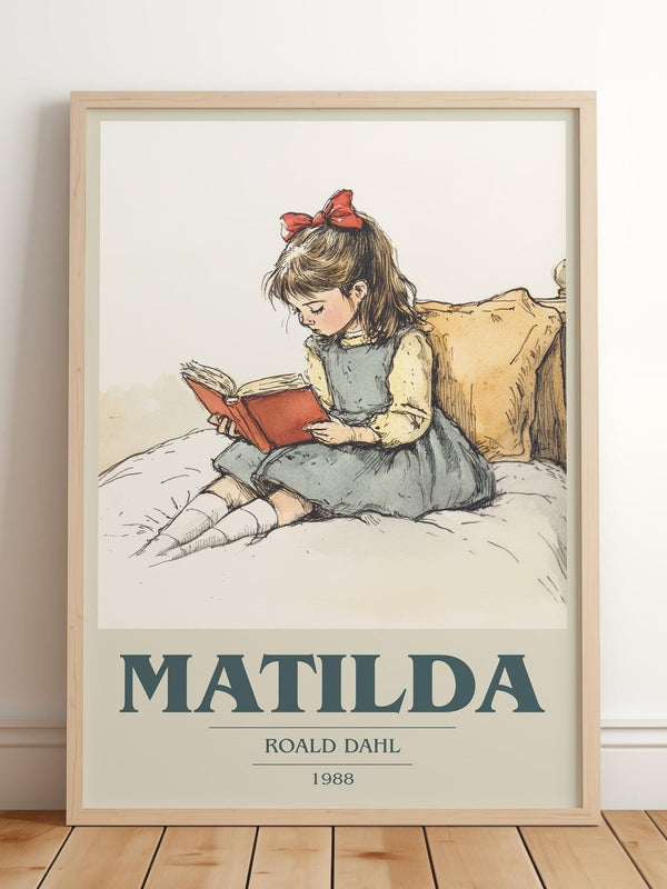 Matilda book cover print in frame leaning in hallway – childrens wall art