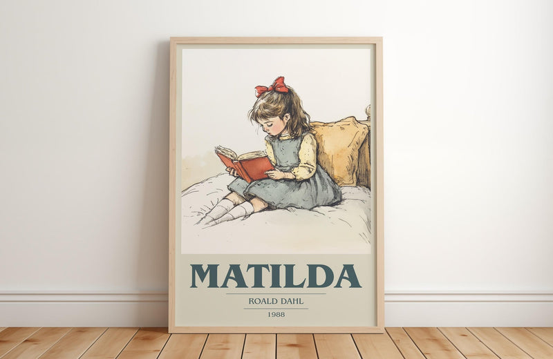 Matilda book cover print in frame leaning in hallway – childrens wall art