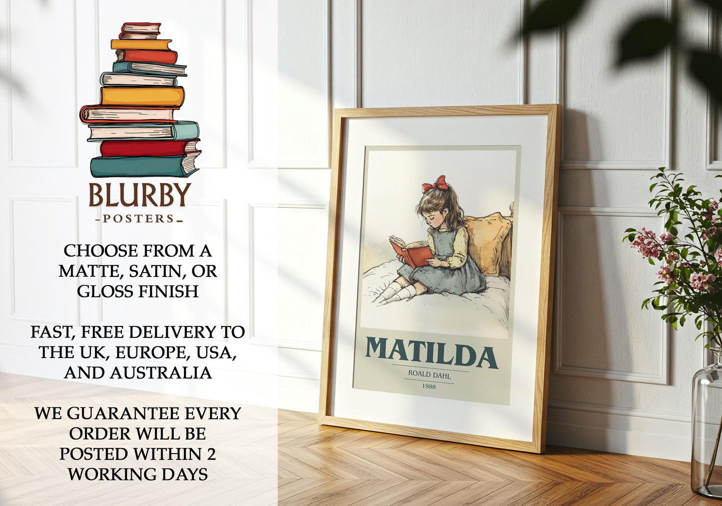 Matilda by Roald Dahl Descriptive Poster Print. Free Delivery Wall Art Author & Blurb Book Artwork Novel