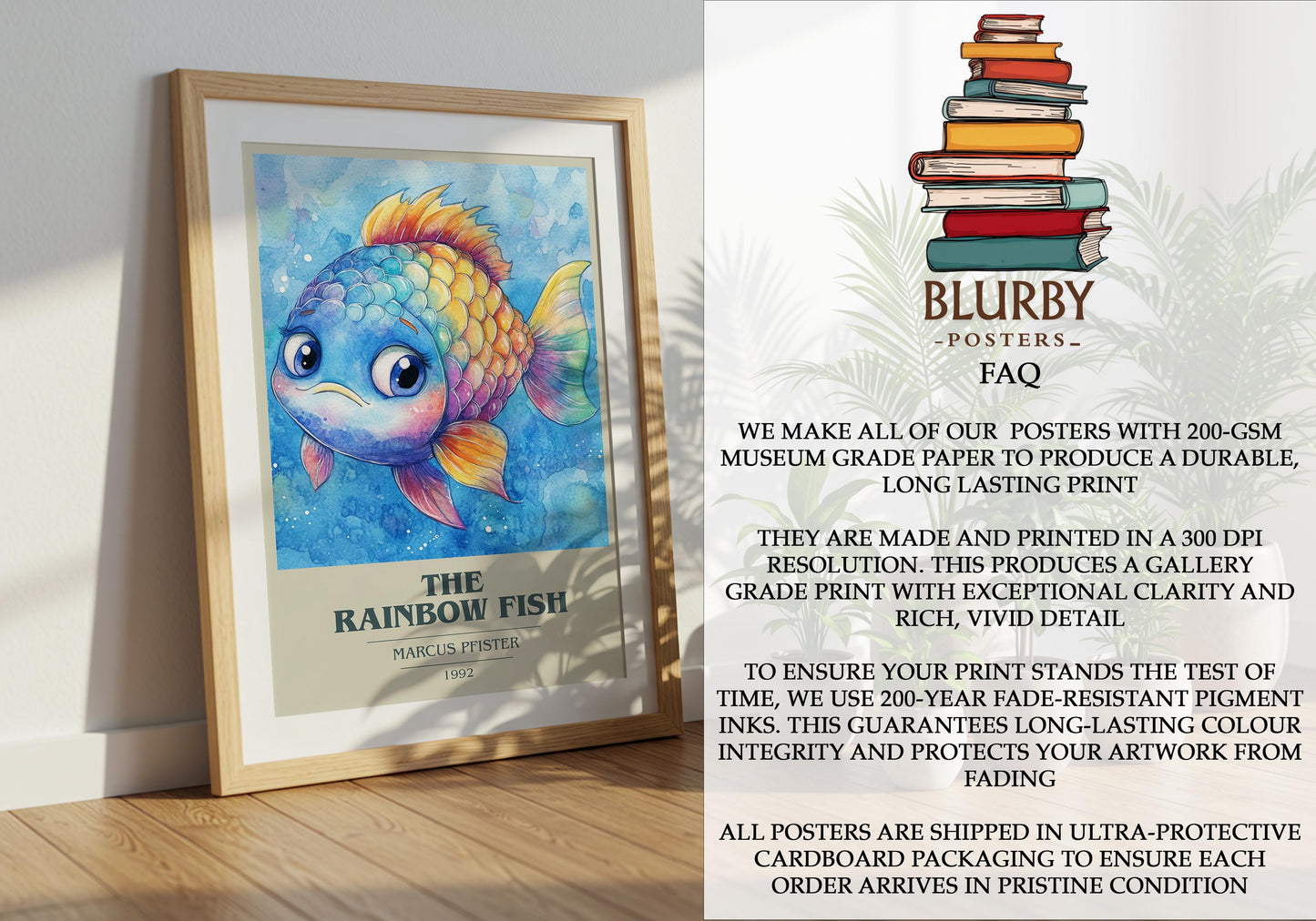 The Rainbow Fish by Marcus Pfister Descriptive Poster Print. Free Delivery Wall Art Author & Blurb Book Artwork Novel