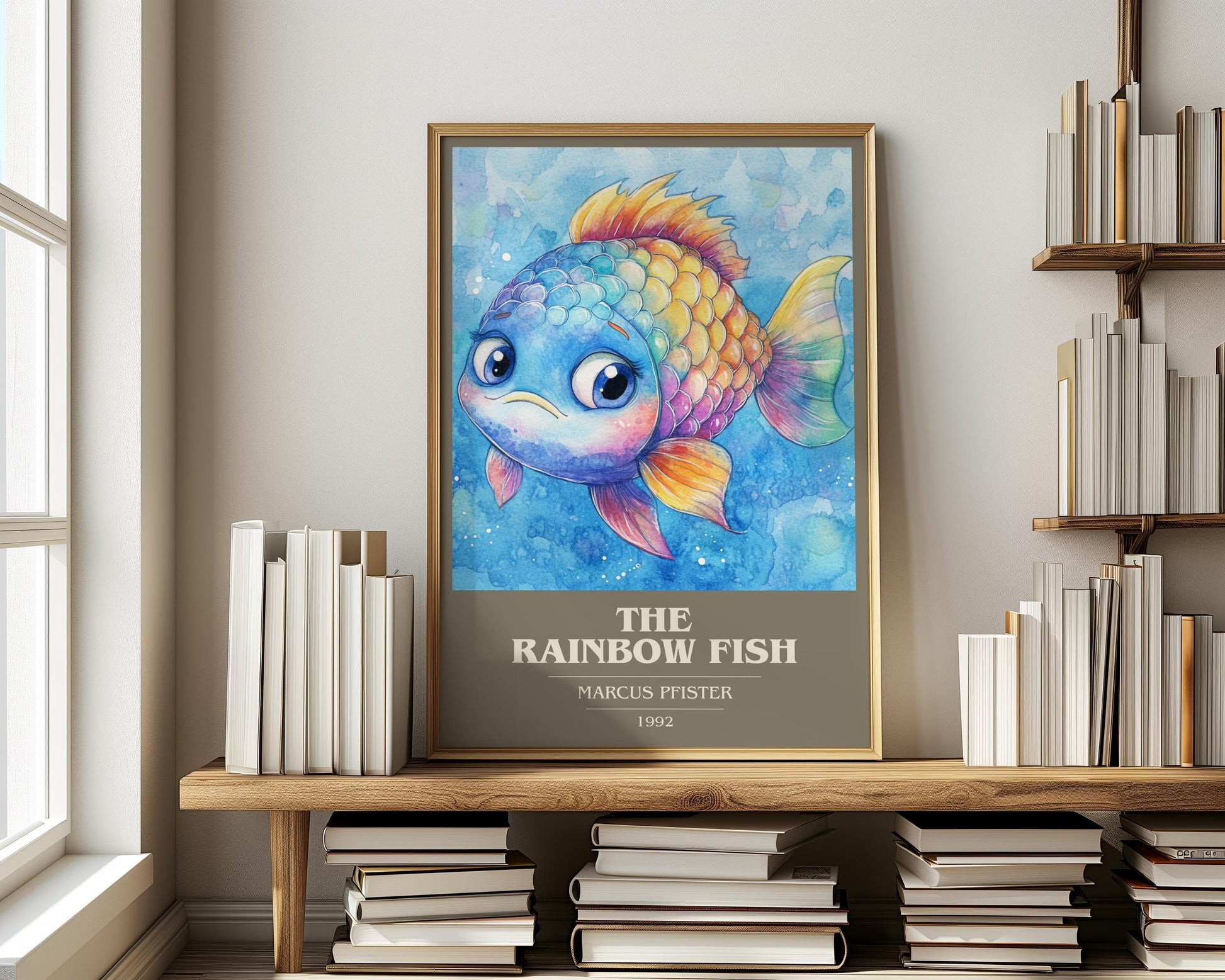 The Rainbow Fish by Marcus Pfister Descriptive Poster Print. Free Delivery Wall Art Author & Blurb Book Artwork Novel