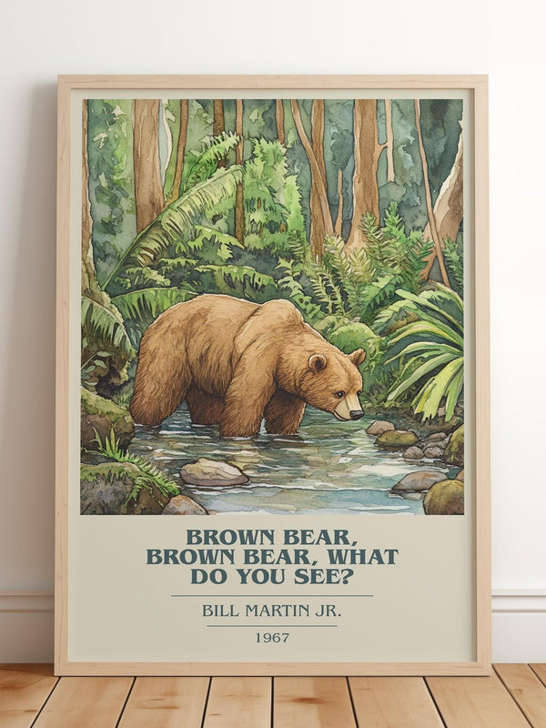 Brown Bear, Brown Bear, What Do You See? book cover print in frame leaning in hallway – childrens wall art