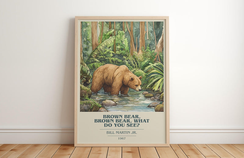 Brown Bear, Brown Bear, What Do You See? book cover print in frame leaning in hallway – childrens wall art