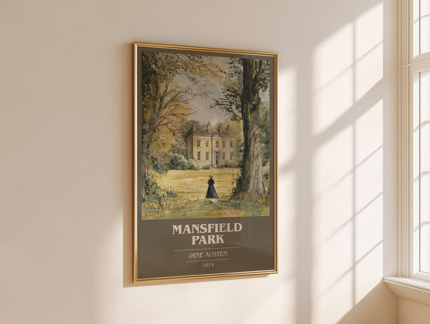 Mansfield Park book cover print framed by window – literary home decor