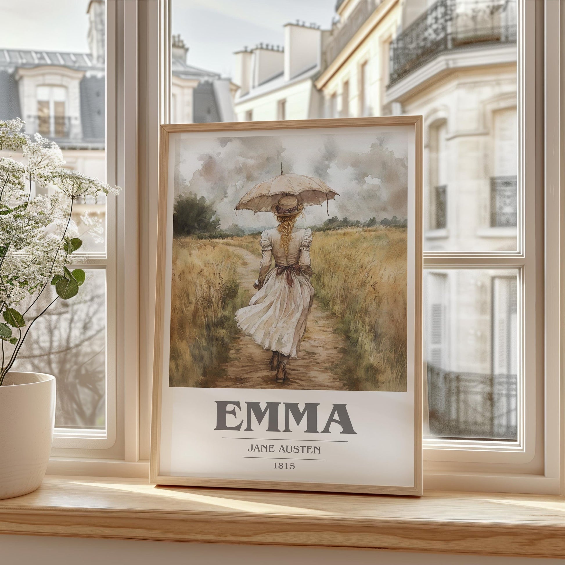Emma book cover print framed by window – literary home decor