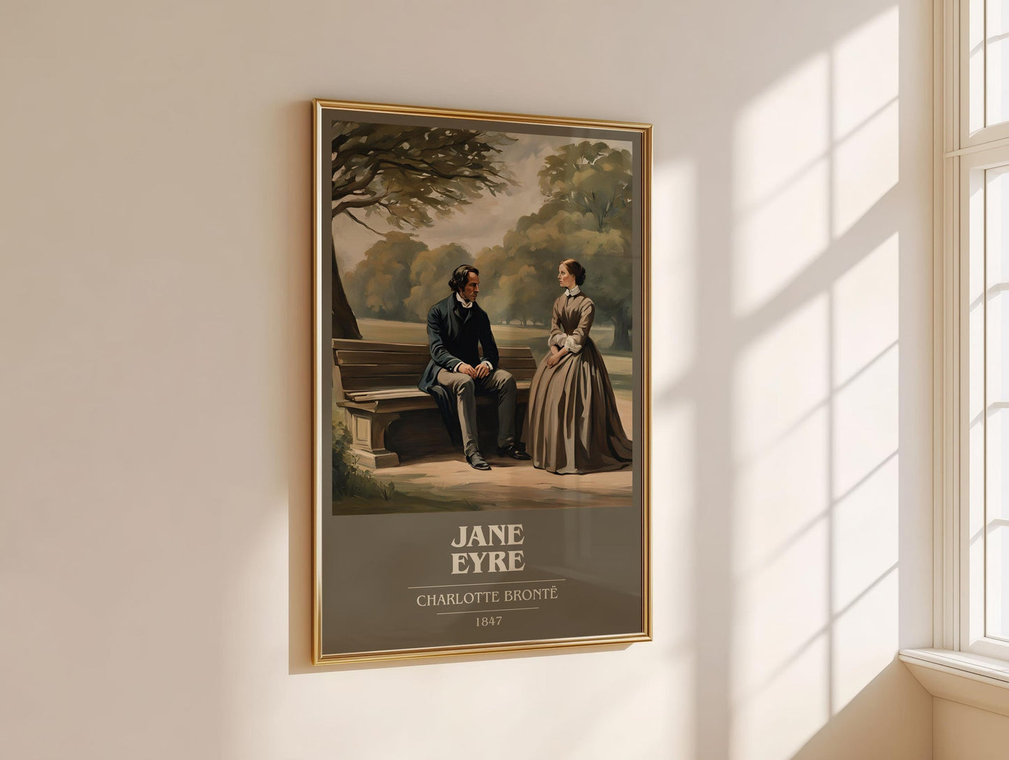 Jane Eyre book cover print framed by window – literary home decor