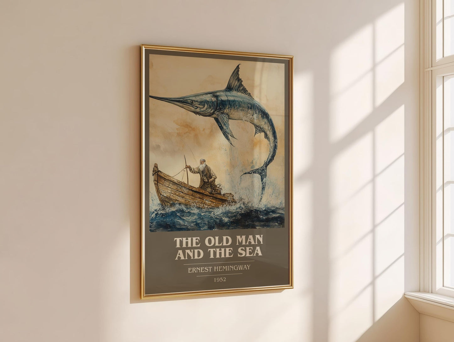 The Old Man and the Sea book cover print on bookshelf – Ernest Hemingway fan gift