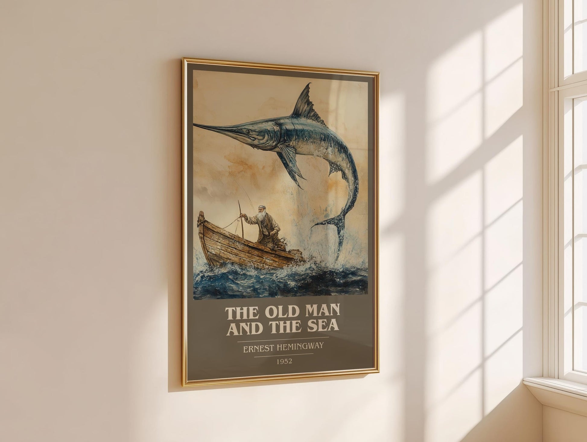 The Old Man and the Sea book cover print on bookshelf – Ernest Hemingway fan gift