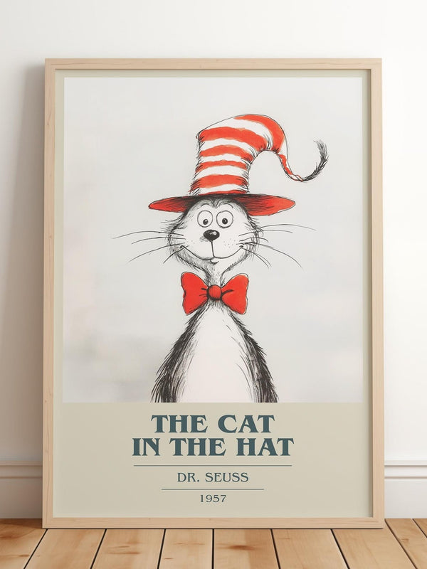 The Cat in the Hat book cover print in frame leaning in hallway – childrens wall art