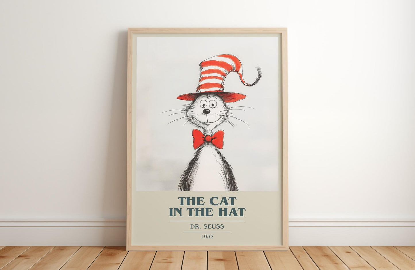 The Cat in the Hat book cover print in frame leaning in hallway – childrens wall art