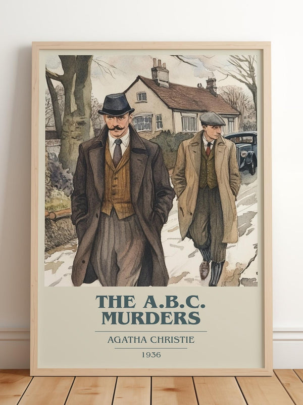 The A.B.C. Murders book cover print in frame leaning in hallway – mystery wall art