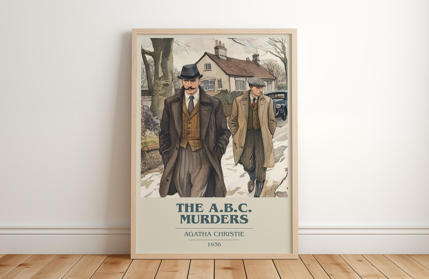 The A.B.C. Murders book cover print in frame leaning in hallway – mystery wall art