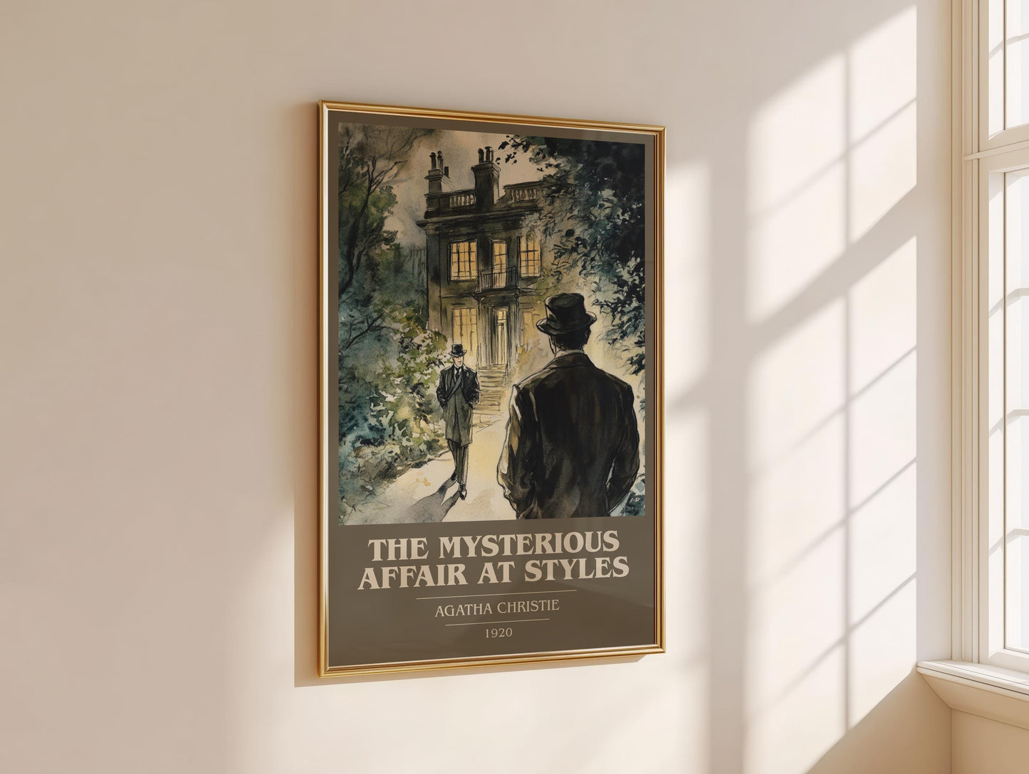 The Mysterious Affair At Styles book cover print on bookshelf – Agatha Christie fan gift