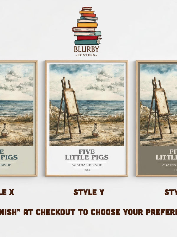 Five Little Pigs book cover print in frame leaning in hallway – mystery wall art