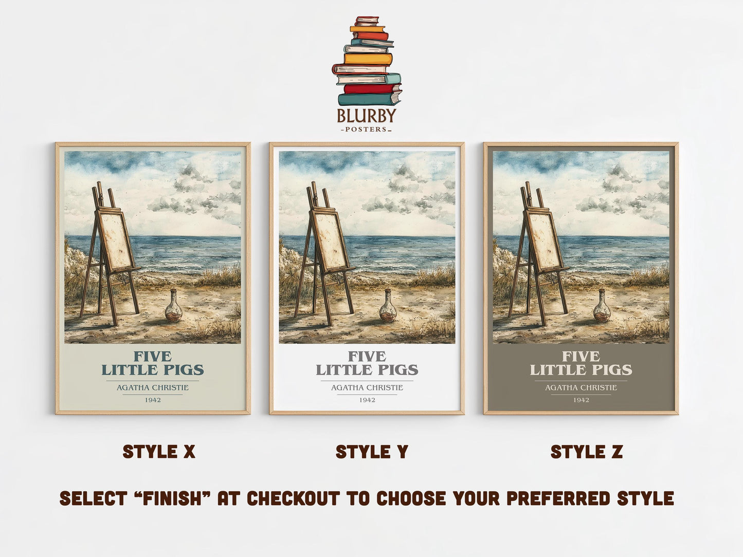 Five Little Pigs book cover print in frame leaning in hallway – mystery wall art