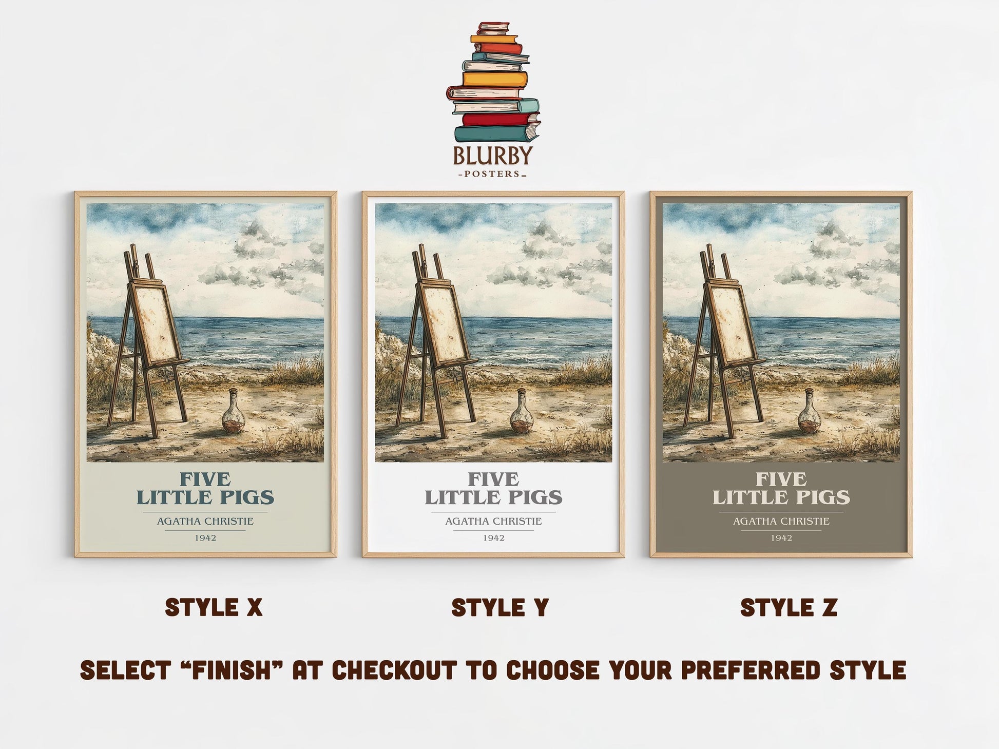 Five Little Pigs book cover print in frame leaning in hallway – mystery wall art