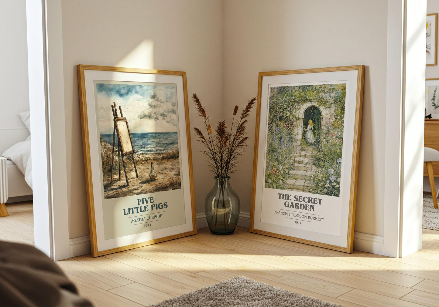 Five Little Pigs book cover print on bookshelf – Agatha Christie fan gift