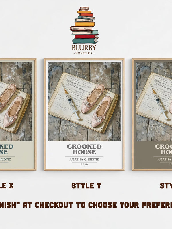 Crooked House book cover print in frame leaning in hallway – crime wall art