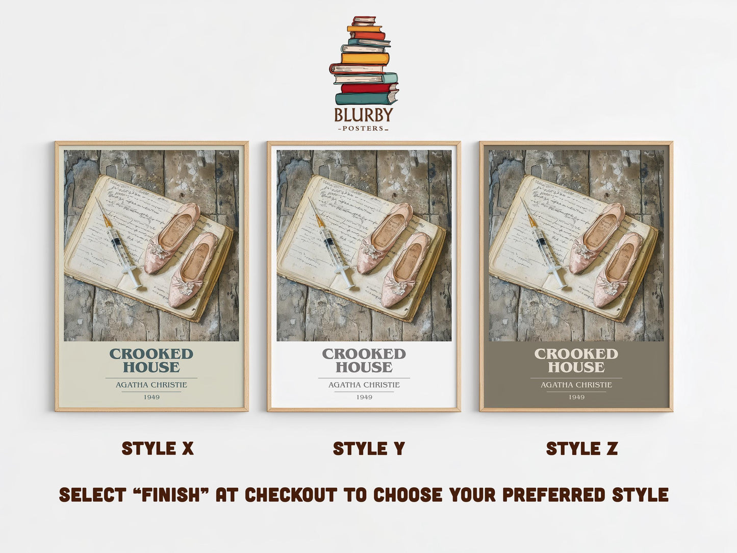 Crooked House book cover print in frame leaning in hallway – crime wall art