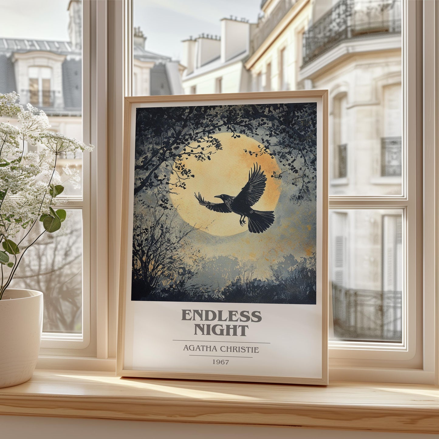 Endless Night book cover print framed by window – literary home decor