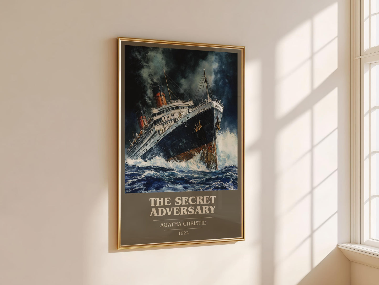The Secret Adversary book cover print framed by window – literary home decor