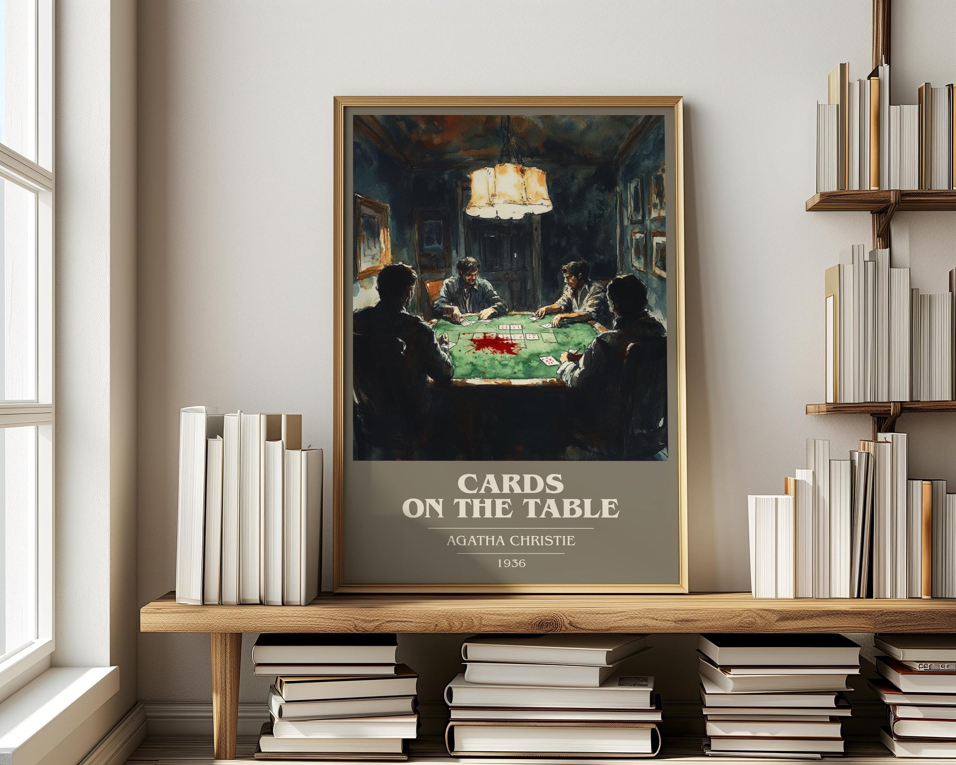 Cards on the Table book cover print on bookshelf – Agatha Christie fan gift