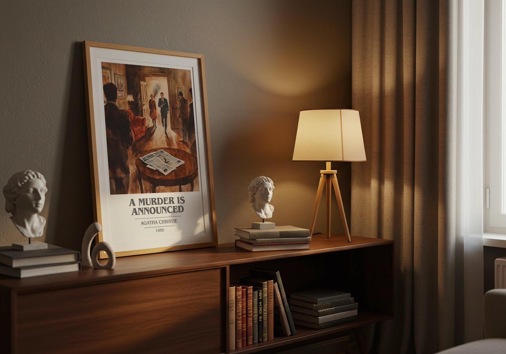 A Murder is Announced book cover print on bookshelf – Agatha Christie fan gift