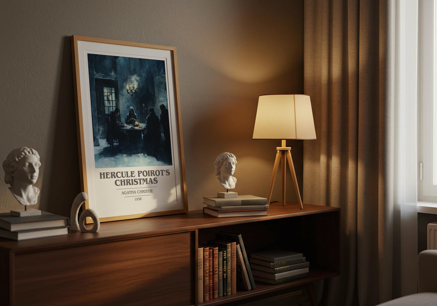 Hercule Poirot's Christmas book cover print framed by window – literary home decor