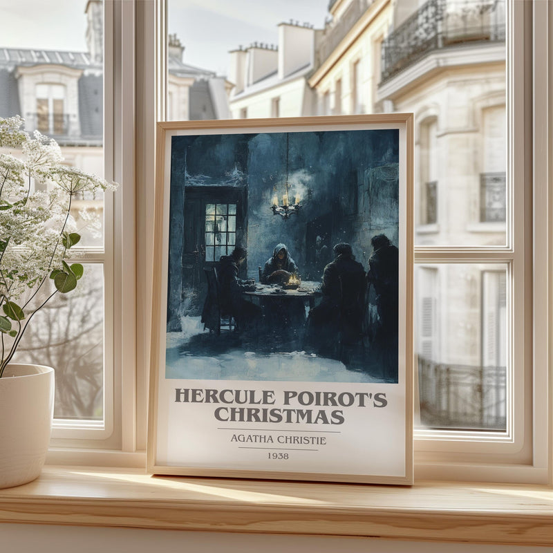 Hercule Poirot's Christmas book cover print in frame leaning in hallway – mystery wall art