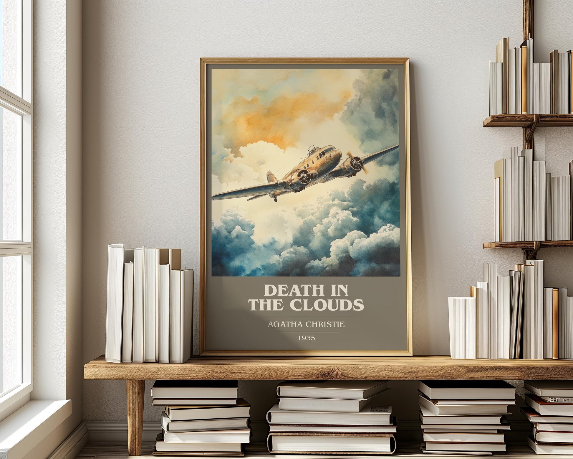 Death in the Clouds book cover print on bookshelf – Agatha Christie fan gift