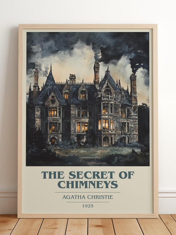 The Secret of Chimneys book cover print in frame leaning in hallway – mystery wall art
