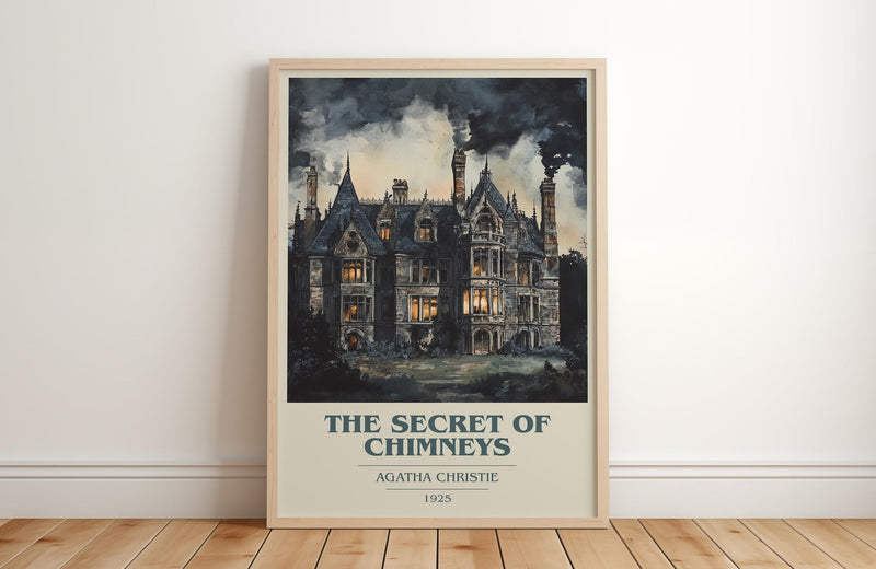 The Secret of Chimneys book cover print in frame leaning in hallway – mystery wall art