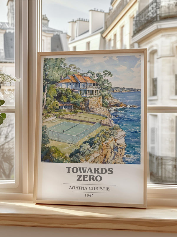 Towards Zero book cover print in frame leaning in hallway – mystery wall art