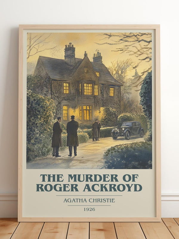 The Murder of Roger Ackroyd book cover print in frame leaning in hallway – mystery wall art