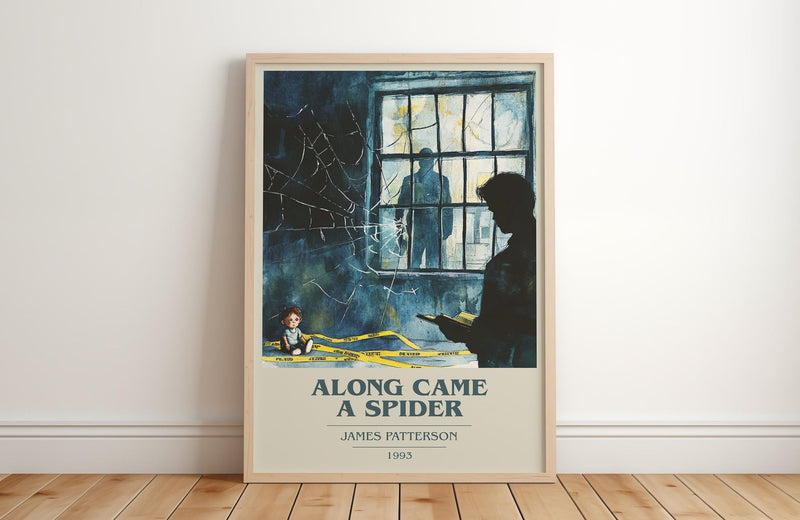 Along Came a Spider book cover print in frame leaning in hallway – crime wall art