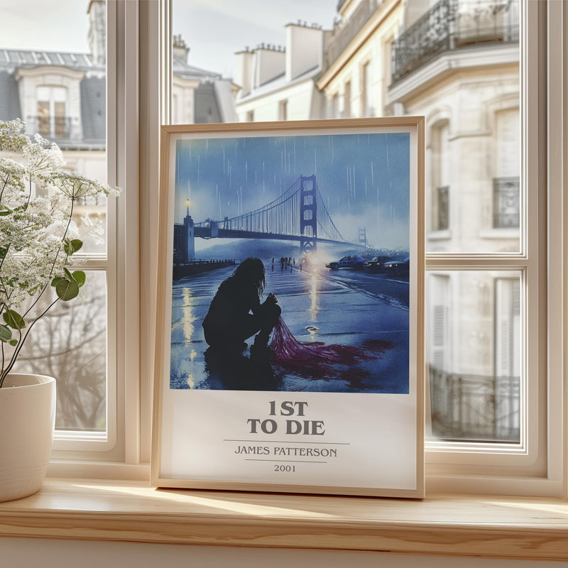 First To Die book cover print in frame leaning in hallway – thriller wall art