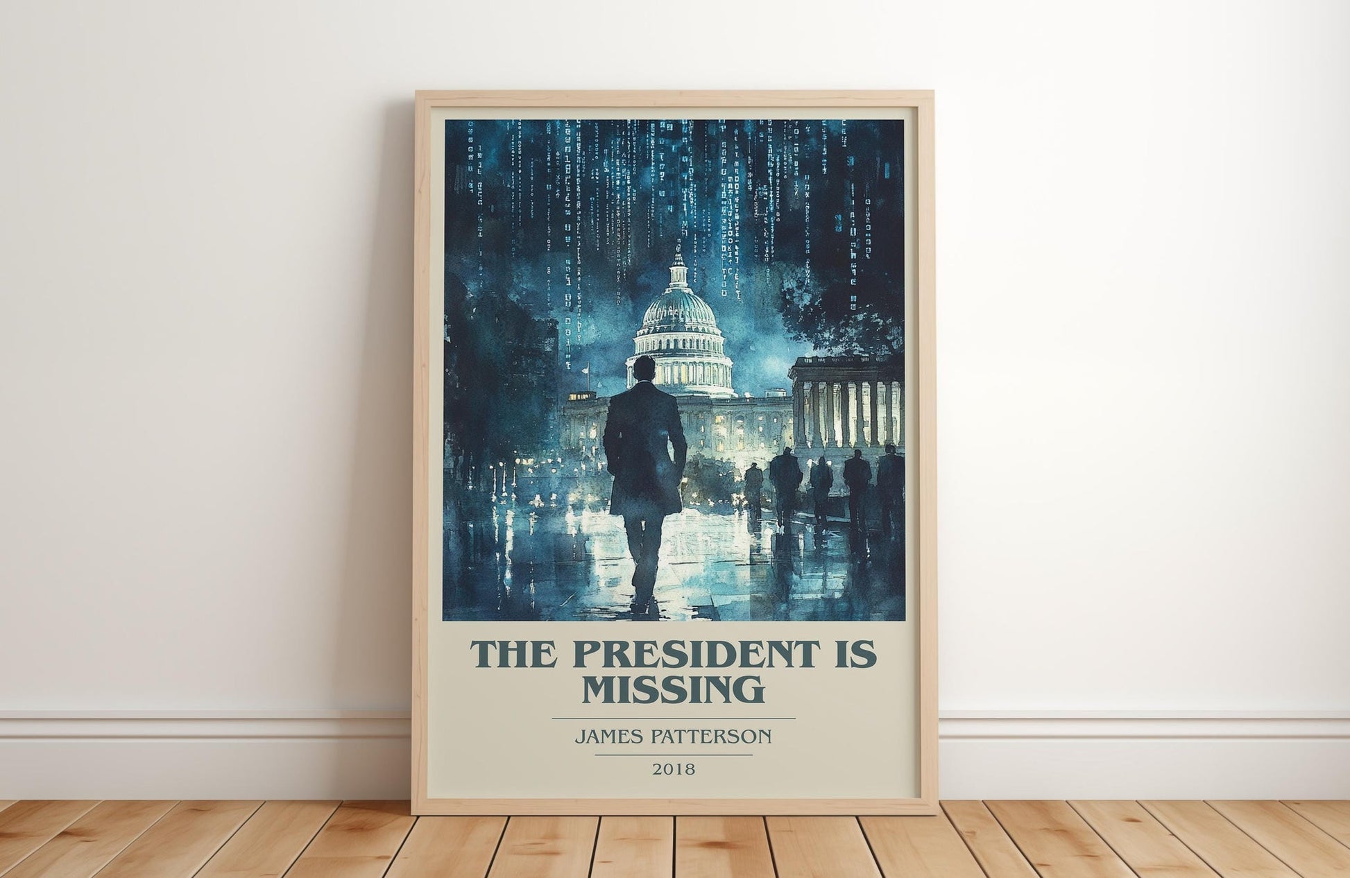 The President Is Missing book cover print in frame leaning in hallway – thriller wall art