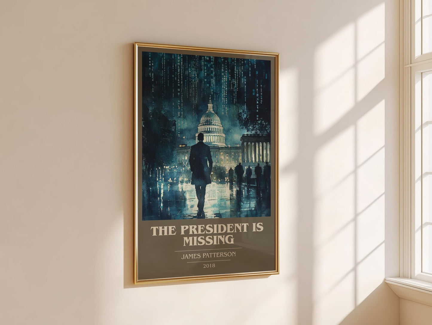 The President Is Missing book cover print framed by window – literary home decor