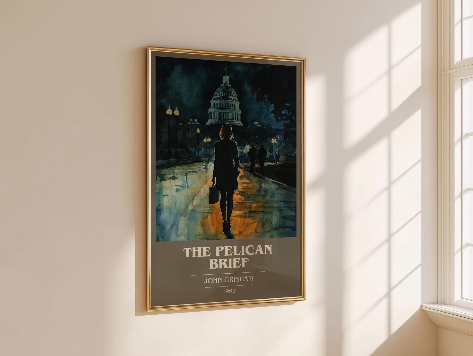 The Pelican Brief book cover print framed by window – literary home decor
