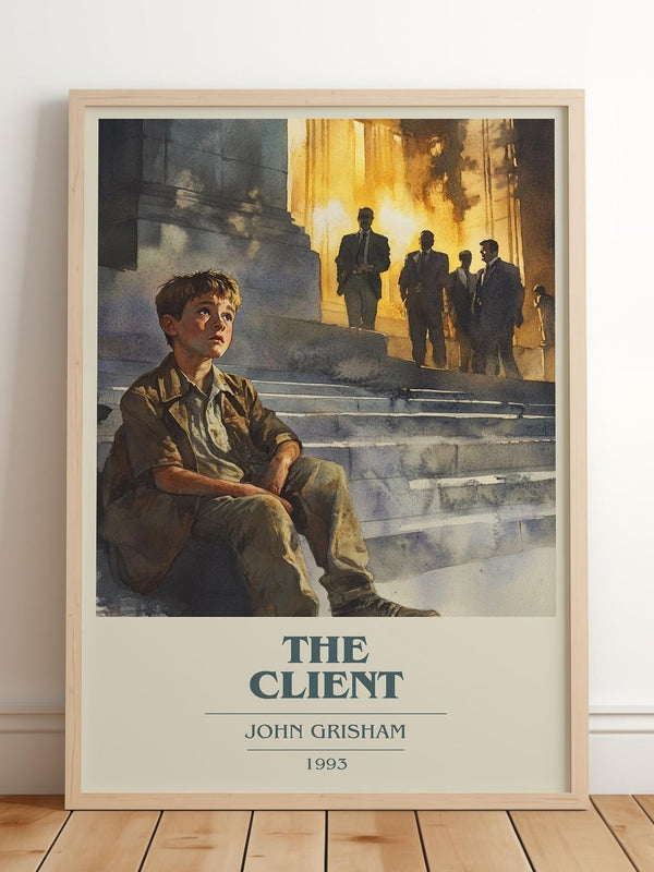 The Client book cover print in frame leaning in hallway – thriller wall art