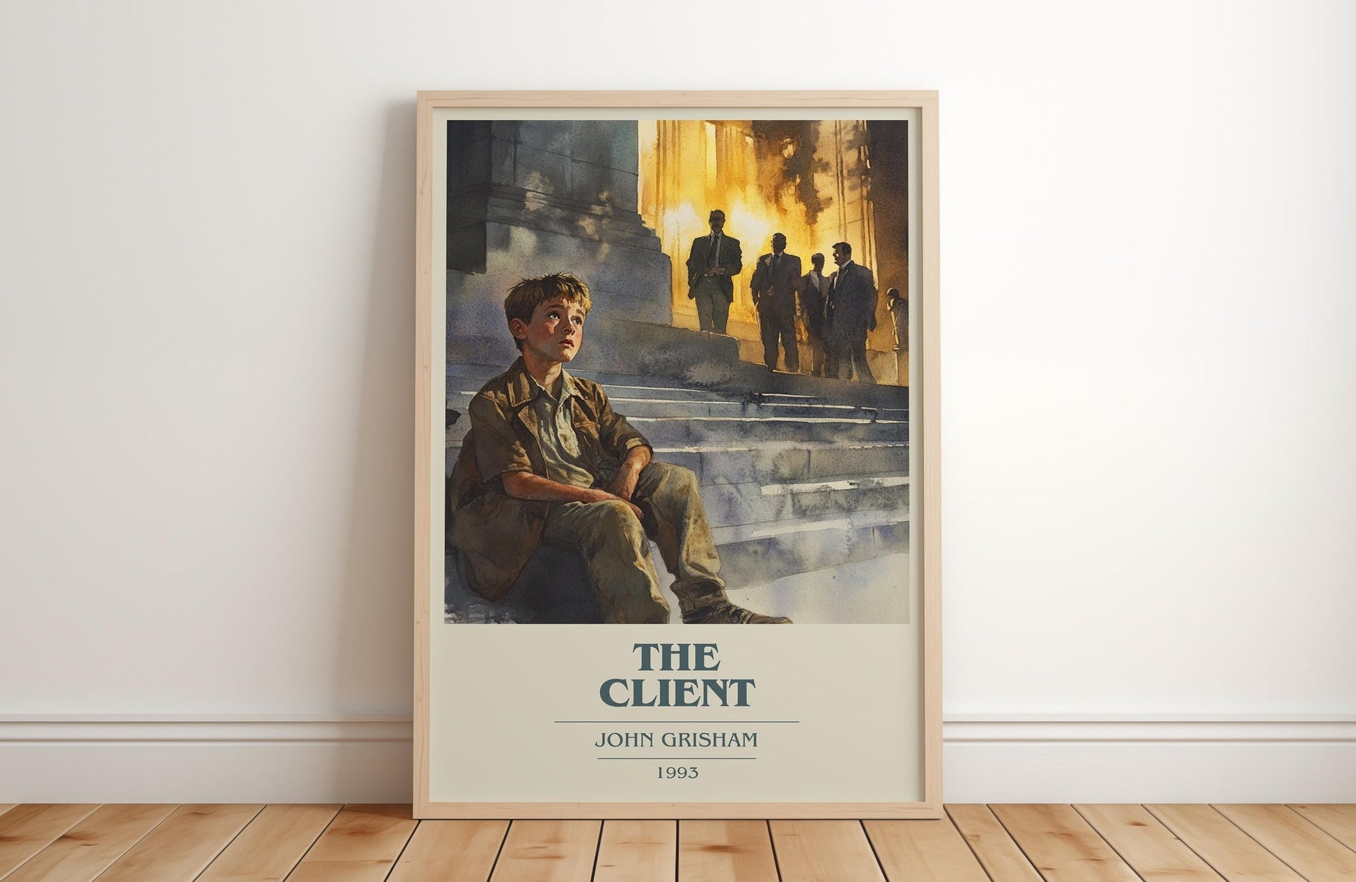 The Client book cover print in frame leaning in hallway – thriller wall art
